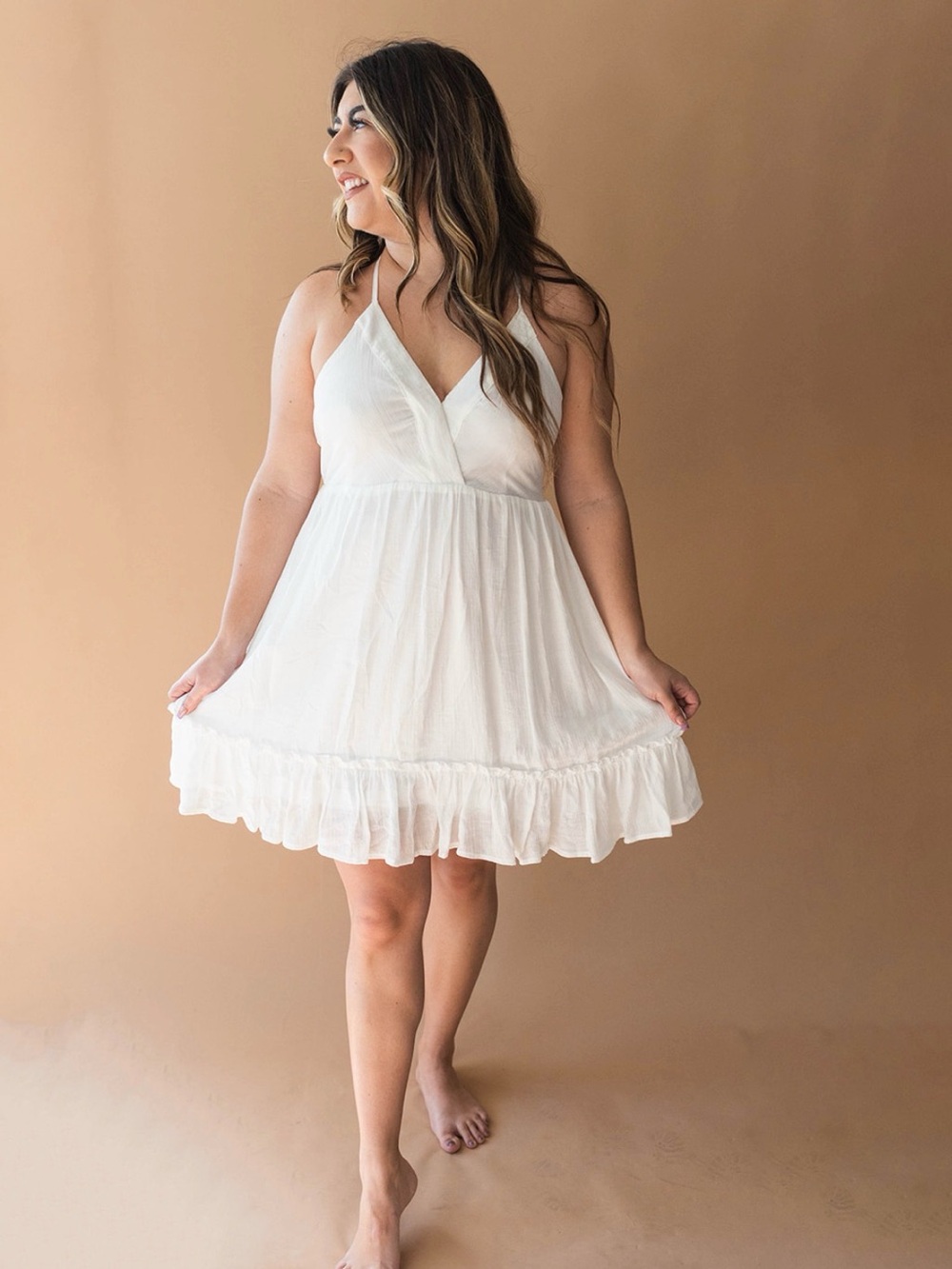 Women's White V-Neck Ruffle-Hem Mini Dress